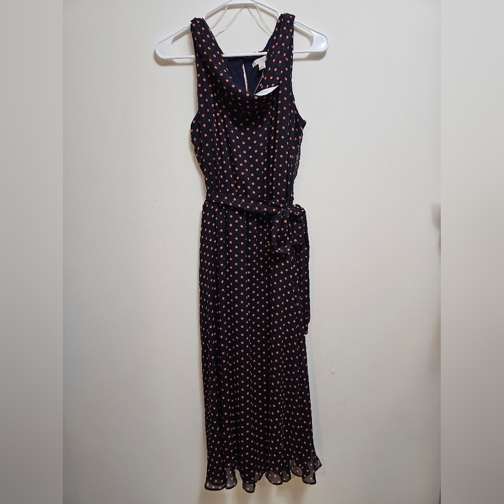 NWT Dressbarn size 10 navy & Coral polka dot, tie waist, cowl neck dress